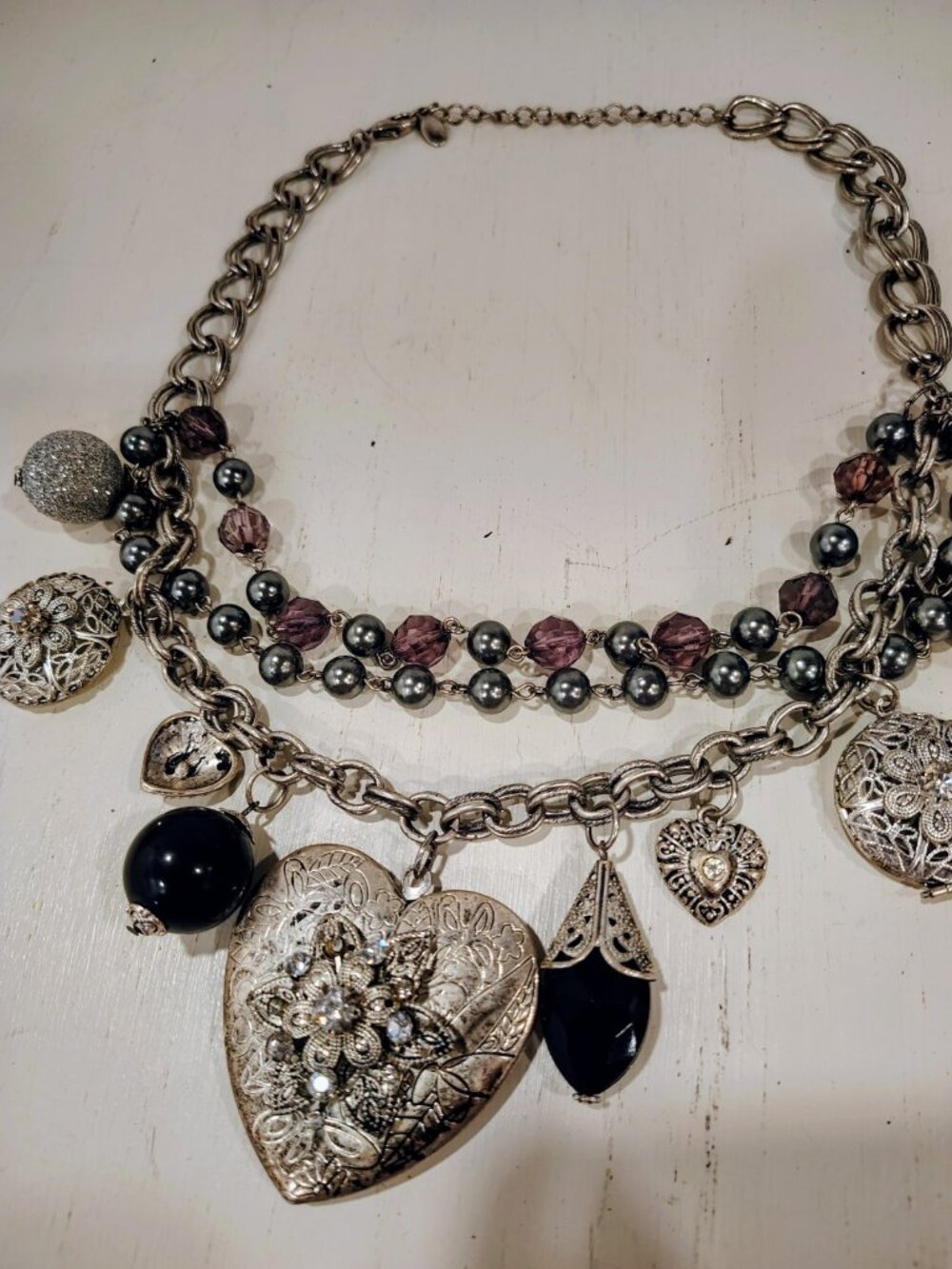 Boho Chic Vintage Style 3 Layer Silver Metal Bling Necklace Lockets - Picture 7 of 16